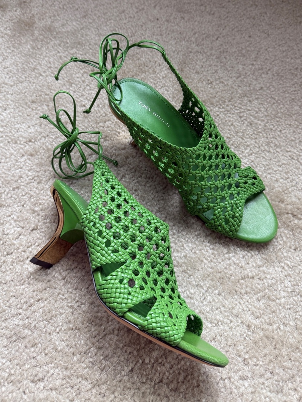 Tory Burch Bright Green Woven Lace-Up Heels